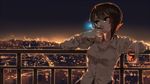  blouse brown_eyes brown_hair cigarette city_lights cityscape e-cigarette girls_und_panzer glass hamada_(super_tachioyogi_kyousou) night nishizumi_maho railing short_hair sky solo 