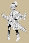  aokan boots brown_background coat fukase full_body gas_mask hat heterochromia highres male_focus mini_hat mini_top_hat monochrome pointing q_(vocaloid) scar simple_background solo top_hat vocaloid wings 