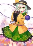  artist_name black_hat blann blush bow closed_mouth cowboy_shot floral_print frilled_shirt_collar frills green_eyes green_hair green_skirt hat hat_bow heart heart_hands komeiji_koishi long_sleeves looking_at_viewer petticoat shirt skirt smile solo touhou wide_sleeves yellow_bow yellow_shirt 