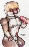  2016 abs anthro callum_(character) cum cum_in_mouth cum_inside cum_on_tongue cum_string cuscus erection fellatio fur kneeling looking_at_viewer male male/male mammal marsoopy_(artist) marsupial open_mouth oral penis scales sex simple_background spots spotted_fur tongue traditional_media_(artwork) white_background 