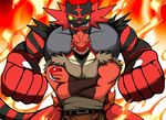  bearlovestiger13 clothed clothing fire incineroar male muscular muscular_male nintendo pok&eacute;mon poke_ball video_games 