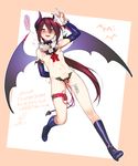  1girl androgynous areolae bare_legs bat bat_wings blush boots breasts detached_sleeves fangs frills full_body heart heart-shaped_pupils horns lady_bat lavender_eyes long_hair mermaid_melody_pichi_pichi_pitch navel nipples open_mouth pointy_ears ponytail red_hair ribbon simple_background slit_pupils small_breasts smile solo sweat symbol-shaped_pupils tail translation_request v vibrator wings wntame 