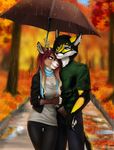  anthro canine cervine clothed clothing deer duo elvofirida female fox fur hair male male/female mammal raining smile standing umbrella 