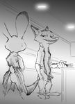  2016 anthro black_and_white bottomless butt canine clothed clothing disney duo female fox half-closed_eyes hi_res judy_hopps lagomorph male mammal monochrome nick_wilde open_shirt rabbit smile thewyvernsweaver zootopia 