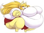  anthro belly big_belly big_breasts breasts clothed clothing colored digital_media_(artwork) female fur fuyusen grin hi_res huge_breasts hyper hyper_belly jumping looking_at_viewer morbidly_obese obese open_mouth overweight plantigrade red_eyes simple_background thick_thighs white_background wide_hips yellow_fur yosioka_san 