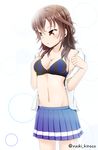  black_bra blue_skirt bra breasts brown_eyes brown_hair cleavage cowboy_shot dress_shirt groin high_school_fleet kuroki_hiromi long_hair medium_breasts pleated_skirt shirt skirt solo standing striped striped_bra twitter_username underwear undressing yuuki_noko_(kinoko_hanbaagu-tei) 