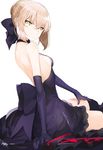  artoria_pendragon_(all) bare_shoulders black_dress black_gloves black_legwear blonde_hair breasts dark_excalibur dress elbow_gloves fate/grand_order fate/stay_night fate_(series) gloves highres looking_at_viewer miruto_netsuki saber_alter shoulder_blades sideboob simple_background sitting sleeveless sleeveless_dress small_breasts solo sword thighhighs weapon white_background yellow_eyes 