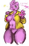  anthro big_breasts bojack_horseman breasts chest_tuft clothed clothing dialogue english_text female fur green_eyes mostly_nude one_eye_closed open_shirt pawpads pink_fur pornkitsi_(artist) princess_carolyn pussy solo sweat text thick_thighs tuft wink 