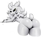  2016 alien bent_over big_butt black_sclera butt female fur horn ikiki looking_at_viewer looking_back null_(sssonic2) pose raised_tail restricted_palette smile smirk solo suggestive thick_thighs white_fur yellow_eyes 
