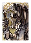  2015 anthro armor black_fur border breastplate brown_eyes brown_mane bust_portrait cannedtalent castle clothing detailed_background equine fur gauntlets gloves helmet hidalgo holding_object holding_weapon horse male mammal mane melee_weapon mountain multicolored_fur outside portrait side_view solo sword traditional_media_(artwork) two_tone_fur weapon white_border white_fur 