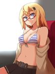  ahoge as_val_(girls_frontline) bangs belt black_skirt blonde_hair blue_eyes bra breasts cleavage collarbone covered_nipples cyka emblem front-tie_top girls_frontline glasses hair_between_eyes hair_ornament hairclip horizontal_stripes long_sleeves looking_at_viewer medium_breasts miniskirt navel pleated_skirt red-framed_eyewear semi-rimless_eyewear short_hair sideboob sitting skirt smile solo striped striped_bra under-rim_eyewear underboob underwear 