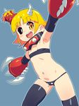  armpits bikini blonde_hair character_request commentary flat_chest heterochromia horns midriff navel om_(nk2007) open_mouth rgz_online smile solo swimsuit thighhighs yellow_eyes 
