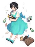  bag black_hair blue_dress bottle brown_eyes bubble dress full_body fuurinkan_high_school_uniform leaning_forward looking_at_another looking_at_viewer magazine mary_janes open_mouth p-chan pig ranma_1/2 saotome_genma school_bag shoes short_hair smile tendou_akane yamijam 