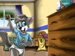  aircraft airplane aito anthro bed bedding bedroom blanket blue_eyes bottomless canine clothed clothing cub diaper dresser fur grey_fur grey_hair hair mammal paw_patrol pillow playing solo toy wolf young 