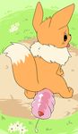  2016 animal_genitalia animal_penis blush brown_fur canine canine_penis crouching cum cumshot digital_media_(artwork) eevee ejaculation erection feral flat_colors fox fur hair high-angle_view knot male mammal manmosu_marimo neck_tuft nintendo open_mouth orgasm penetrable_sex_toy penis penis_backwards pok&eacute;mon quadruped sex_toy simple_background solo tears tongue tongue_out translucent transparent_sex_toy tuft video_games 