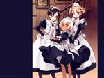  3girls artist_name banister blonde_hair blue_eyes blush green_eyes highres littlewitch maid maid_headdress multiple_girls ooyari_ashito open_mouth pillarboxed stairs white_hair 