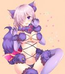  :d animal_costume animal_ears bangs bare_shoulders blush breasts claw_pose claws cleavage dangerous_beast elbow_gloves eyebrows eyebrows_visible_through_hair eyes_visible_through_hair fang fate/grand_order fate_(series) gloves hair_over_one_eye halloween halloween_costume large_breasts looking_at_viewer mash_kyrielight navel nogi_takayoshi o-ring o-ring_top open_mouth purple_eyes purple_gloves purple_hair purple_legwear short_hair smile solo tail thighhighs wolf_costume wolf_ears wolf_tail 