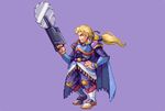  abysswolf blonde_hair blue_eyes cape edgar_roni_figaro final_fantasy final_fantasy_vi hand_on_hip long_hair male_focus pixel_art ponytail purple_background saw solo tied_hair wrist_guards 