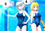  absurdres ahoge arms_behind_back blonde_hair blue_eyes blush braid breasts competition_school_swimsuit empty_pool fate/apocrypha fate/grand_order fate_(series) hand_on_hip highres hose jeanne_d'arc_(alter)_(fate) jeanne_d'arc_(fate) jeanne_d'arc_(fate)_(all) large_breasts long_braid long_hair medium_breasts multiple_girls one-piece_swimsuit pool rai_(newtype_xm-x1) school_swimsuit sideboob silver_eyes silver_hair smile swimsuit yellow_eyes 