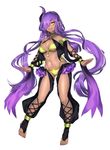  alternate_color barefoot breasts cleavage dark_skin detached_sleeves eyebrows eyebrows_visible_through_hair fang gen_6_pokemon gourgeist groin hair_over_one_eye highres horn jewelry katagiri_hachigou long_hair looking_at_viewer medium_breasts navel open_mouth personification pointy_ears pokemon purple_hair revealing_clothes shiny_pokemon solo toe_ring toeless_legwear underboob very_long_hair yellow_eyes 