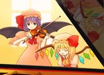  ascot bat_wings blonde_hair closed_eyes dress eijima_moko flandre_scarlet hat hat_ribbon indoors instrument light_particles light_smile multiple_girls music open_mouth piano pink_dress playing_instrument puffy_short_sleeves puffy_sleeves purple_hair red_vest reflection remilia_scarlet ribbon shirt short_hair short_sleeves siblings side_ponytail sisters smile touhou vest violin white_shirt window wings 