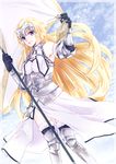 armor blonde_hair breasts cleavage fate/apocrypha fate/grand_order fate_(series) fur-trimmed_legwear fur_trim gloves jeanne_d'arc_(fate) jeanne_d'arc_(fate)_(all) large_breasts long_hair looking_at_viewer maibaru purple_eyes smile solo standard_bearer thighhighs very_long_hair 