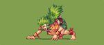  abysswolf all_fours fangs final_fantasy final_fantasy_vi gau green_background green_hair long_hair male_focus pixel_art red_eyes shorts solo wristband 