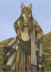  2016 amber_eyes anthro black_nose canine clothed clothing dark_natasha day detailed_background detailed_fur ear_piercing male mammal markings midriff outside piercing solo standing wolf 