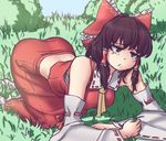  :t all_fours ascot bow brown_eyes brown_hair crying crying_with_eyes_open detached_sleeves eating grabbing grass hair_bow hair_tubes hakurei_reimu hater_(hatater) highres long_hair midriff poverty ribbon_trim sarashi solo tears touhou 