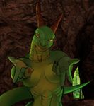  2016 anthro brown_horn dragon female green_scales half-closed_eyes hattonslayden horn inviting looking_at_viewer nude scales scalie smile solo yellow_sclera 