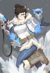  absurdres black-framed_eyewear breasts brown_eyes brown_hair coat drone floating fur-trimmed_boots fur-trimmed_coat fur_coat fur_trim glasses gloves grey_background gun hair_bun hair_ornament hair_stick highres holding holding_gun holding_weapon large_breasts leg_up looking_at_viewer mei_(overwatch) overwatch robot short_hair shuaiaba simple_background sketch smile snowball_(overwatch) solo tank_(container) weapon 