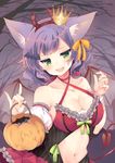  \m/ animal_ears bare_shoulders bat_hair_ornament blush breasts cleavage collarbone commentary crown demon_girl demon_horns demon_tail demon_wings detached_sleeves fake_horns fang green_eyes hair_ornament hair_ribbon hairband halloween halloween_basket highres horns jitome large_breasts looking_at_viewer mini_crown momoirone navel navel_cutout open_mouth original purple_hair ribbon smug solo tail wavy_hair wings 