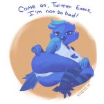  anthro avian beak bird blue_eyes blue_feathers breasts butt camel_toe clothing feathers female looking_at_viewer meme open_mouth panties pose presenting presenting_hindquarters simple_background solo suggestive text tweetfur twitter underwear wiess 