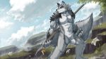  2019 anthro canine digital_media_(artwork) male mammal melee_weapon mokarakom muscular rnowong solo tribal weapon wolf 