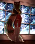  2016 5_fingers brown_fur brown_hair butt canine clothed clothing digitigrade female fluffy fluffy_tail fur gradiewoof hair mammal standing topless 