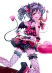  1girl bare_shoulders black_hair blush choker demon_girl demon_wings earrings fishnet_legwear fishnets flower from_behind hair_ornament hair_ribbon hairclip heart heart_tattoo high_heels horns jewelry looking_at_viewer love_live! love_live!_school_idol_festival love_live!_school_idol_project midriff one_eye_closed petite pink_rose pitchfork purple_rose red_eyes red_rose ribbon rose simple_background skirt smile solo strapless suzutou tail tattoo tiara tongue tongue_out tube_top twintails white_background wings yazawa_nico 