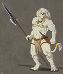 abs anthro bulge clothing feline knife lion loincloth male mammal melee_weapon muscular muscular_male nipples polearm rossciaco solo spear weapon white_lion 