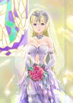 bare_shoulders blonde_hair blue_eyes bouquet breasts bridal_veil bride cleavage elbow_gloves fate/apocrypha fate_(series) flower gloves jeanne_d'arc_(fate) jeanne_d'arc_(fate)_(all) large_breasts long_hair lutecia_syndrome navel_cutout solo stained_glass thighhighs veil wedding 
