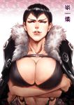  black_hair breasts cape character_name cleavage fur_trim karin_(kingdom) kingdom large_breasts short_hair solo yona_(edenkasuga) 