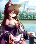  absurdres animal_ears breasts brooch brown_hair cleavage collarbone dango dior-zi dress fingernails food fruit highres imaizumi_kagerou jewelry large_breasts light_smile long_hair long_sleeves looking_at_viewer nail_polish red_eyes red_nails solo tail touhou wagashi wide_sleeves wolf_ears wolf_tail 