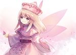  ainy77 artist_name bad_id bad_pixiv_id blonde_hair blue_eyes capelet dress embellished_costume fairy_wings flower hat holding holding_flower lily_white looking_at_viewer pink_dress smile solo touhou wide_sleeves wings 