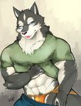  anthro canine clothed clothing colored ginnosuke jockstrap looking_at_viewer male mammal muscular pants_down partially_clothed simple_background solo teasing tongue tongue_out underwear undressing white_background wolf 