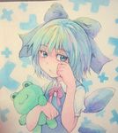  :&lt; blue_eyes blue_hair bow cirno frog frown hair_bow holding ice ice_wings looking_at_viewer looking_to_the_side neck_ribbon photo ribbon sad short_hair solo stuffed_toy tearing_up tears touhou traditional_media upper_body watercolor_(medium) wings wiping_tears yuyu_(00365676) 