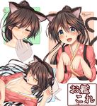  anchor_print anchor_symbol animal_ears blush breasts cat_ears cat_tail chin_tickle closed_eyes collarbone cushion eyebrows eyebrows_visible_through_hair fake_animal_ears fake_tail fang floral_print hairband hakama half-closed_eyes hand_on_another's_chin highres houshou_(kantai_collection) japanese_clothes kantai_collection lips long_hair looking_at_viewer lying medium_breasts multiple_views on_back open_clothes open_mouth paw_pose pillow sazamiso_rx sideboob sleeping tail tasuki tongue translated upper_body zzz 