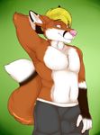  2016 5_fingers anthro armpits big_tail blonde_hair blue_eyes boxers_(clothing) brown_fur brown_markings brown_tail bulge canine chest_tuft clothed clothing collaboration countershade_face countershading digital_media_(artwork) dipstick_tail erection erection_under_clothes facial_markings fingerless_(marking) fluffy fluffy_tail fox foxeh front_view fur green_background hair half-length_portrait hand_behind_head hi_res male mammal markings multicolored_fur multicolored_tail orange_fur orange_tail penis_outline pink_nose portrait shadowpelt simple_background smile solo standing topless tuft underwear white_countershading white_fur white_tail xchiseaxmargaritax 