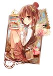  brown_eyes brown_hair brown_skirt cup feathered_wings hat highres holding holding_cup looking_at_viewer mini_hat nagata_ozu pleated_skirt short_hair simple_background skirt smile solo teacup white_background wings yukico-tan yukijirushi 