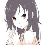  :| bangs black_hair blush_stickers brown_eyes closed_mouth expressionless gedou_(ge_ge_gedou) hands_clasped ichijou_hotaru looking_at_viewer non_non_biyori own_hands_together partially_colored portrait shirt simple_background solo swept_bangs tsurime white_background white_shirt white_skin 