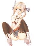  anus areolae ass bangs bare_arms belt black_legwear blonde_hair blue_eyes blue_ribbon boots breasts collarbone covered_nipples cross-laced_footwear cucouroux_(granblue_fantasy) full_body granblue_fantasy hair_ribbon highres lace-up_boots looking_at_viewer manatsuki_manata medium_breasts miniskirt nipples no_panties off-shoulder_shirt one_breast_out open_mouth pleated_skirt pussy pussy_peek ribbon shirt simple_background sitting skirt solo swept_bangs thighhighs thighs tongue twintails white_footwear white_shirt 