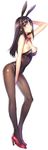 animal_ears arm_behind_head bangs black_eyes black_hair black_legwear bow bowtie breasts breasts_outside bunny_ears bunnysuit detached_collar fake_animal_ears full_body high_heels highres large_breasts long_hair looking_at_viewer mokyu nipple_slip nipples pantyhose red_bow red_footwear red_neckwear shiny shiny_clothes shoes sidelocks simple_background solo white_background 