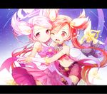  2girls alternate_costume alternate_hairstyle gloves headband jewelry jinx_(league_of_legends) kuro_(league_of_legends) league_of_legends long_hair luxanna_crownguard magical_girl multiple_girls pink_hair red_hair shorts skirt star_guardian_jinx star_guardian_lux tied_hair twintails wink 